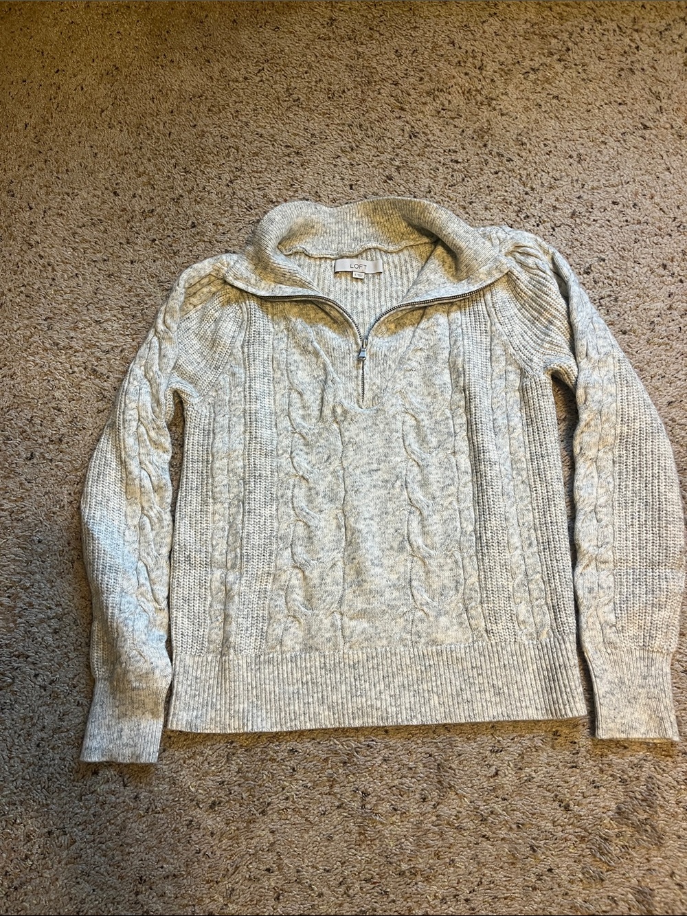 LOFT Misses Light Gray Cable Knit Quarter-Zip Sweater
